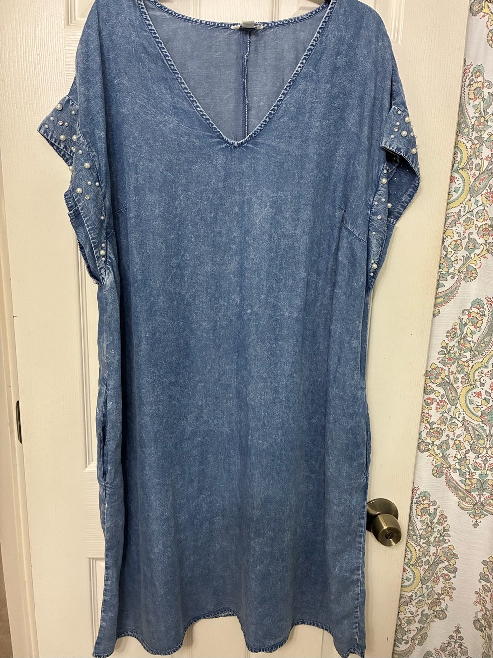 Relaxed V-Neck Denim Dress with Studded Sleeves - Blue